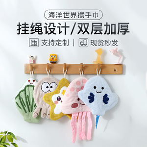 Cartoon Hanging Coral Fleece Hand Towel Quick Dry Kitchen Bathroom Use Rectangle Shape Applique Design - Product Image 5