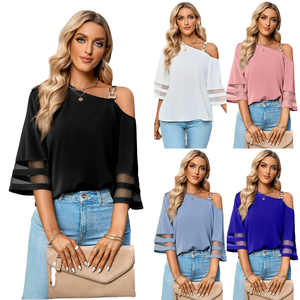 เสื้อผู้หญิงเซ็กซี่ลำลองผ้าซาตินปี 2024 แต่งผ้าตาข่ายเปิดไหล่ทรงเข้ารูประบายอากาศได้ดีเป็นมิตรกับสิ่งแวดล้อม เหมาะสำหรับงานปาร์ตี้และคลับ ติดกระดุมโลหะ - Product Image 4