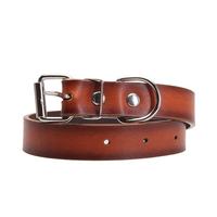 Collier pour chien en cuir de vachette véritable avec logo embossé personnalisé, boucle en métal argenté réglable, anneau en D, collier pour animal de compagnie vintage marron