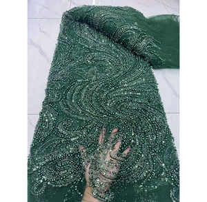 Tela de Encaje con Cuentas de Lujo 2025 para Asoebi, Verde Mezclado con Rosa, Tela de Encaje con Cuentas de Lujo, Cristal y Pedrería - Product Image 3