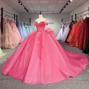 Vestido de Quinceañera Jancember 8566 Popular Color Fucsia con Hombros Descubiertos y Lazo - Product Image 2