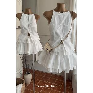 Ensemble de bavoirs style doux avec nœud et jupe évasée, échantillon disponible, sans manches, en polyester et en mousseline, pour un usage quotidien, ensemble de shorts 2 pièces - Product Image 1