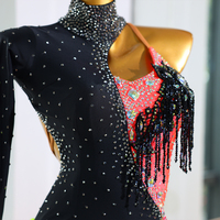 Robe de ballet asymétrique ombrée à franges pour femme avec strass, en polyester, tenue de performance pour compétition féminine