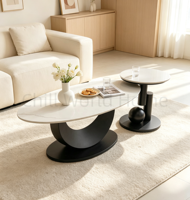 Ensemble de tables basses ovales avec plateau en pierre frittée et base en métal noir artistique, décoration moderne, table à thé et table d'appoint pour salon et maison