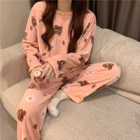 Nouvel ensemble de pyjama d'hiver 2025 à motif de dessin animé - Tenue d'intérieur en flanelle corail épaisse et douce, taille unique, ensemble deux pièces mignon pour femmes et filles