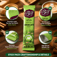 Sachets de Boissons Instantanées Personnalisés en Forme de Barre avec Scellage Thermique pour Café, Matcha Latte, Thé Karak, Cappuccino – Portions Individuelles