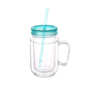 Dd1731 trong suốt đôi tường <span class=keywords><strong>Mason</strong></span> Jar cốc có nắp đậy xử lý đầy màu sắc uốn cong rơm Mug 16 oz làm mới Băng uống lạnh chai - Product Image 2