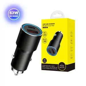 2 יציאות USB מטען לרכב 43W טעינה מהירה PD טעינה מהירה 3.0 USB C מתאם מטען לטלפון לרכב