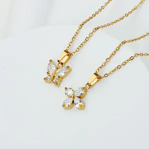 Tarnish gratis kalung choker baja tahan karat berlapis emas 18k kalung liontin kupu-kupu Zircon putih lucu indah untuk wanita