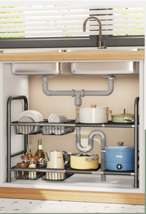 Mensola della <span class=keywords><strong>cucina</strong></span> espandibile risparmio di spazio sotto il lavandino Organizer Desktop Rack di stoccaggio con cestino - Product Image 2