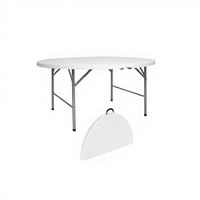 Table de salle à manger pliante ronde en polyéthylène blanc, avec structure en métal minimaliste moderne, en PEHD moulé par soufflage, pour mobilier d'extérieur