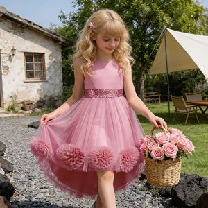 Robe de princesse pour enfants, robe de demoiselle d'honneur en Tulle rose, coupe trapèze, avec pompons, pour fête d'anniversaire - Product Image 1
