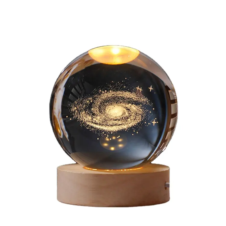 Regali all'ingrosso in legno Led Light Base in legno Stand Galaxy 3d sistema solare sfera di cristallo personalizzata