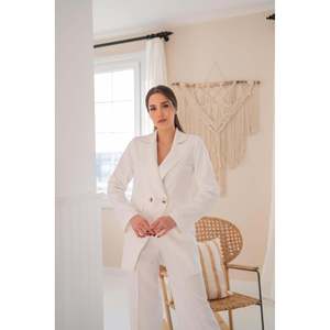 Ecofashion Women's Off <b>White</b> Satin <b>Suit</b> Set 100% Polyester Trousers And Jacket Formal Wear For Office Or <b>Wedding</b> Events - Product Image 2