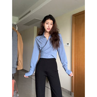 Kemeja Kancing Modis Bernapas Model Longgar Silang Depan Elegan Gaya Korea Musim Gugur Misty Blue