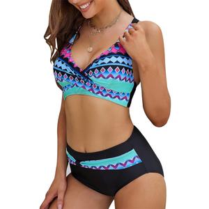 Nouveautés 2023 Ensemble de bikini push-up taille haute personnalisé Fabricant OEM Maillots de bain femme Imprimé géométrique Étiquettes en latex 2 pièces Séchage rapide - Product Image 3