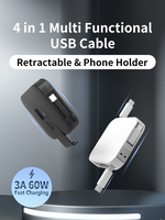 Câble de charge et de données rétractable 4-en-1 USB Type-C PD 60W avec support de téléphone, personnalisable avec logo, certifié CE RoHS REACH, directement de l'usine
