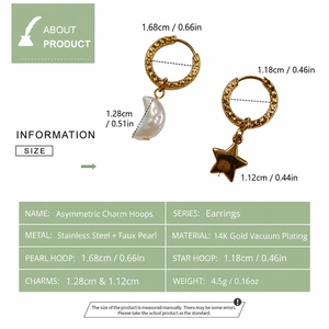 Boucles d'oreilles créoles asymétriques en acier inoxydable plaqué or 14K sous vide avec fausses perles et étoiles pendantes - Product Image 4
