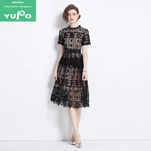 Droma ready to ship new arrival slimming double layer short sleeves women lace dress vintage formal