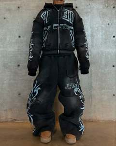 Bộ đồ thể thao áo hoodie có khóa kéo và quần jogger in họa tiết acid wash, kiểu dáng xù, thiết kế riêng - Product Image 3