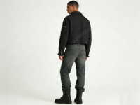 Nouvelle veste bomber unisexe en jean asymétrique avec clous noirs, poignets effilochés, camouflage, mode formelle, personnalisation, vente en gros, livraison directe