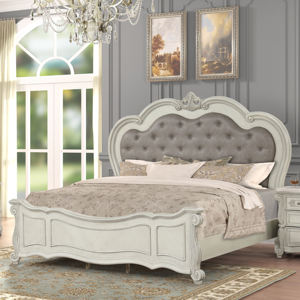 Juego de Muebles de Dormitorio con Cama Tapizada, Cómoda, Espejo y Mesita de Noche - Product Image 1