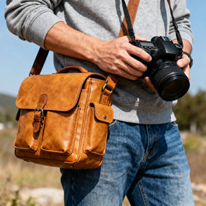 निर्माता कस्टम पुरुषों के रेट्रो वास्तविक प्रीमियम काउहिट्स चमड़े का dslr/मिररलेस डिजिटल कैमरा और लेंस क्रॉसबॉडी कंधे बैग - Product Image 4