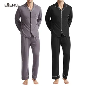 2024 Custom Mens Pajamas Solid Winter Long Knit Contrast Binding 100% Cotton Loungewear Pyjamas For Men