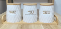 Ribbed Tea Coffee Sugar Canister Porcelain Ceramic Storage Canister with Bamboo Lid and Gold Reindeer