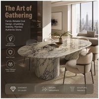 Table à manger ovale moderne de luxe en marbre Arabescato blanc Calacatta Viola, base à double colonne cannelée, résistante à l'eau et au feu
