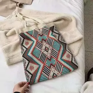 2022 Female Top-handle Daily Lady Knitting Gypsy Bohemian Boho Chic Aztec Tote Bag Woolen Open Shopper Crochet Shoulder Bag