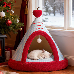 Triangle Ferme Chat Grotte Lit Polycoton Polaire Corail Doux Pliable Housse Amovible Ecossais Toutes Saisons Interieur Chiens - Product Image 2