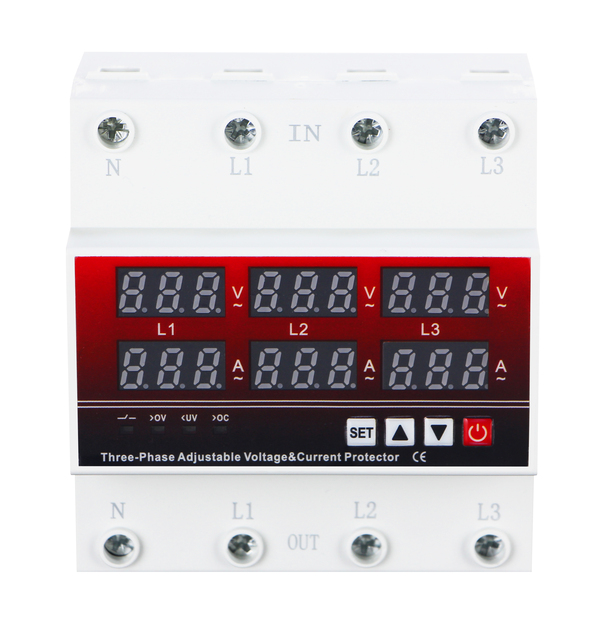 LVMA 3 Phase AC SVC Adjustable V/A Protector 63A 80A 100A Voltage Current Protection Copper PC Aluminium LCD Display 6kVA