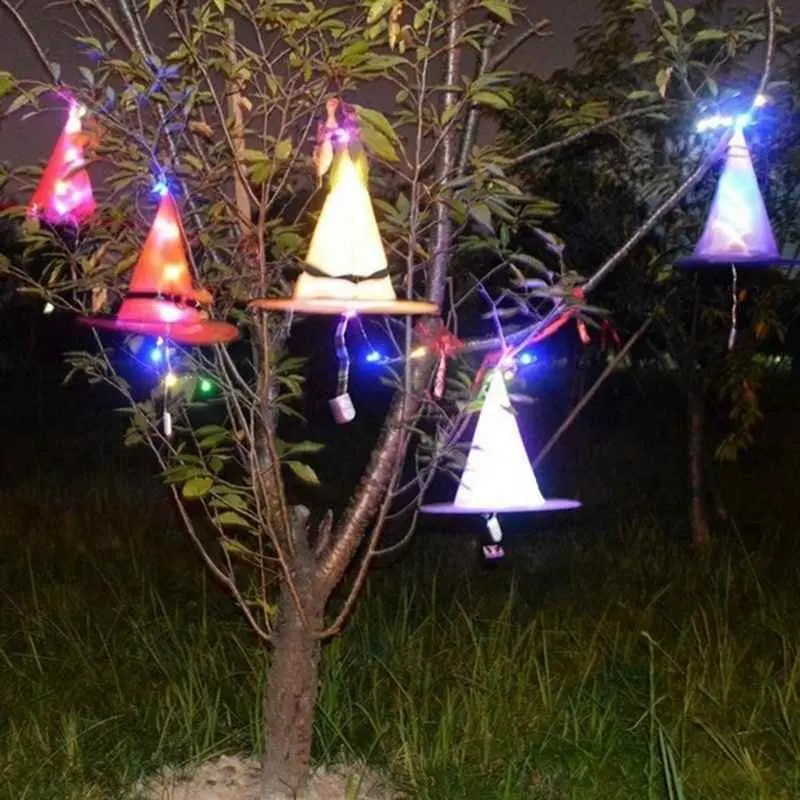 Luzes de led para jardim, ornamento de pendurar na árvore, chapéu brilhante, bruxa, luzes para festival de halloween