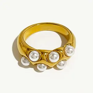 Anillo de perlas gruesas de oro de 18k para mujer, joyería de acero inoxidable, novedad