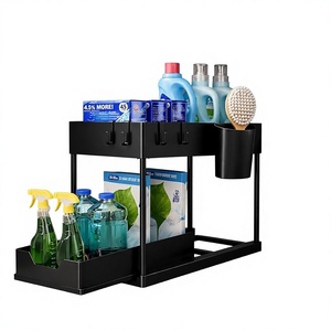 Organisateur sous évier à 2 niveaux, étagère coulissante en métal avec crochets pour rangement sous armoire - Product Image 1