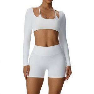 2 Piece Yoga Set Long Sleeve <b>Crop</b> <b>Top</b> High Waist <b>Shorts</b> Activewear for Gym Fitness - Product Image 1