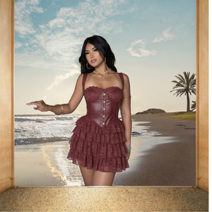 Sexy PU Leather Tank <b>Top</b> Lace A-Line Dress Breathable New Summer <b>Women</b> Two Piece Set - Product Image 3
