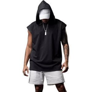 French 0.7 Cotton 0.3 Polyester Quality Best Short Embroidery Fabric <strong>Sleevless</strong> <strong>Hoodies</strong> with Custom Drawstrings Designs - Product Image 3