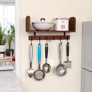 Estante de pared para cocina, utensilios de cocina, espátulas y cucharas, combinación de hierro y madera, estante multifuncional de doble capa para sala de estar - Product Image 1
