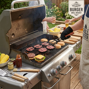 Panier de cuisson multifonctionnel pour hamburgers, antiadhésif, 6 cavités, avec poignée en bois, facile à nettoyer, pour barbecue extérieur - Product Image 6