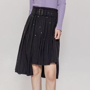 Jupe midi asymétrique plissée noire à fines rayures pour <span class=keywords><strong>femme</strong></span> 2026, <span class=keywords><strong>taille</strong></span> haute avec ceinture, style décontracté - Product Image 3