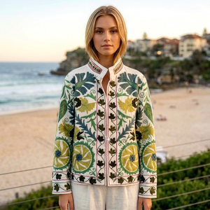 Elegant Vintage Floral Embroidered Mandarin Collar <b>Velvet</b> <b>Jackets</b> <b>Women</b> Spring 100% Cotton Woven Full Sleeve Regular Finished - Product Image 1