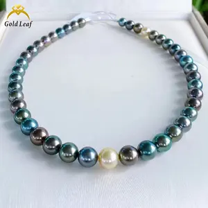 精品珠宝强光泽天然珍珠项链8-11毫米莫兰迪黑绿色长海水塔希提岛珍珠项链