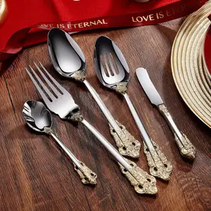 Set alat makan Pernikahan, sendok barok mewah Stainless Steel sendok emas Juego De Cubiertos