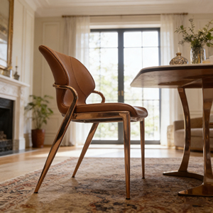 Silla de Comedor Moderna de Lujo en Cuero Marrón con Estructura Metálica Dorada, Silla de Comedor Ergonómica Tapizada para Cocina, Sala de Estar, Hotel - Product Image 2