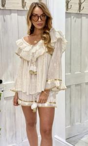 Hermoso diseñador corto Boho Touch Ruffle cuello mujeres Combo Set blanco espejo adornado y encaje Trim Lurex conjunto de algodón - Product Image 4