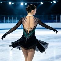 Costume de patinage artistique noir et vert dégradé avec strass, jupe en maille à dos profond ouvert pour filles et adultes, compétition de danse sur glace