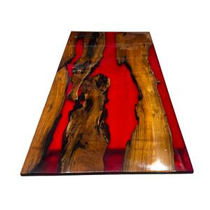 Table rectangulaire en résine époxy rouge avec plateau en bois d'acacia massif et structure robuste, mobilier de salle à manger moderne de luxe personnalisé et écologique - Product Image 1