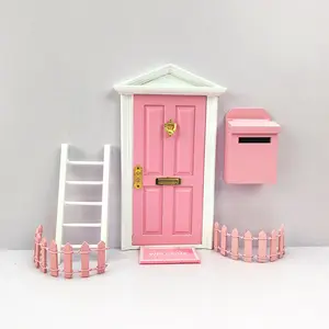 Doll house Wood Fairy Door Painted mini Exterior Door W/ Hardware Open Outward Yellow pink